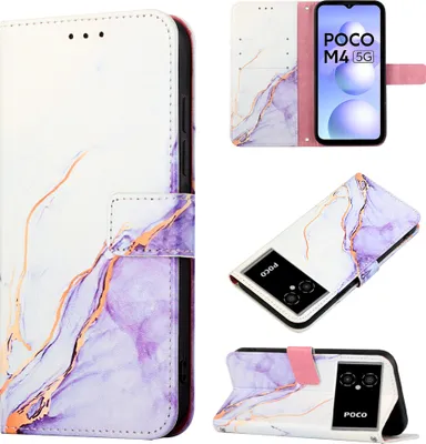 Produktbild von Xiaomi Poco M4 5G Hülle, Marmor Motiv Kunstleder Tasche Wallet Kartenfächer mit Standfunktion Klapp Schutzhülle für Xiaomi Poco M4 5G / Poco M5 5G Weiß Lila