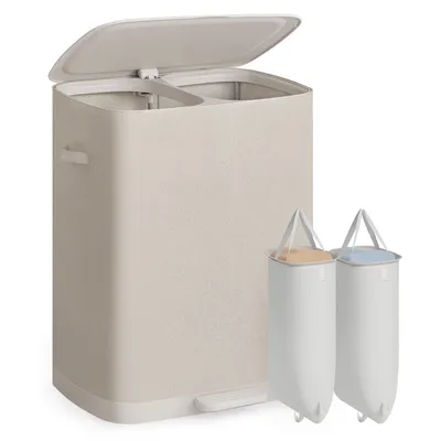 Obrázek produktu pro SONGMICS Koš na prádlo se víkem, 2 přihrádky, třídič prádla s pedálem, objem 160 litrů, rozměry 56 x 40,5 x 75 cm, světle béžová barva