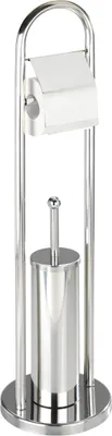 A freestanding toilet brush holder with a toilet paper dispenser.