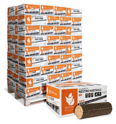 Produktbild von Heizfuxx Nestro M Holzbriketts Hartholz im Karton 12kg x 81 Karton 972kg Palette