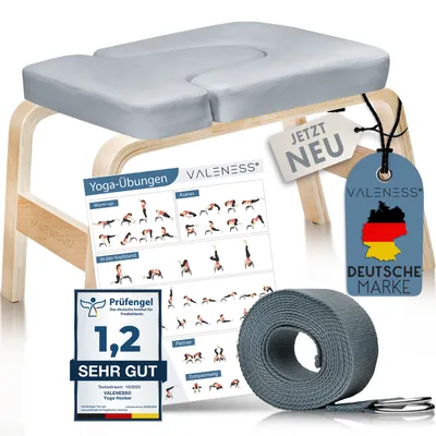 Produktbild von VALENESS® Yoga Kopfstandhocker - Hochwertiger Yoga Hocker inkl. Yogagurt, Yogablock & Übungsposter - Yoga Stuhl zur Handstand-Übung aus Naturholz