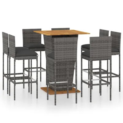 Immagine prodotto di set bar da giardino 9 pezzi con cuscini in poly rattan grigio