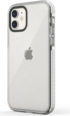 A clear product shot of an iPhone 13 Mini with a transparent protective case.