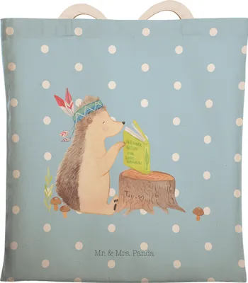 Produktbild von Mr. & Mrs. Panda Einkaufstasche Igel Federschmuck - Blau Pastell - Geschenk, Stoffbeutel, Tragetasche, Indianer, Beutel, Lagerfeuer, Tiere, Tote Bag, Tasche, Camping