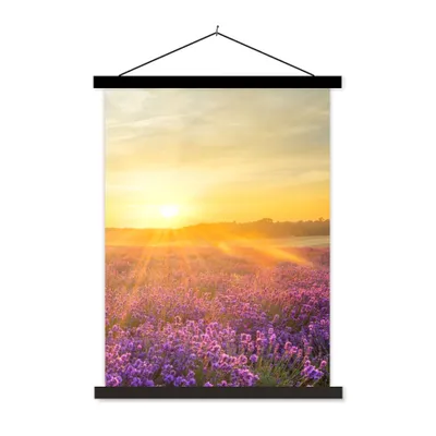 Produktbild von MuchoWow® Textilposter Lavendel - Sonnenuntergang - Bäume - Lila 90x120 cm mit schwarzem Rahmen - Dekoration