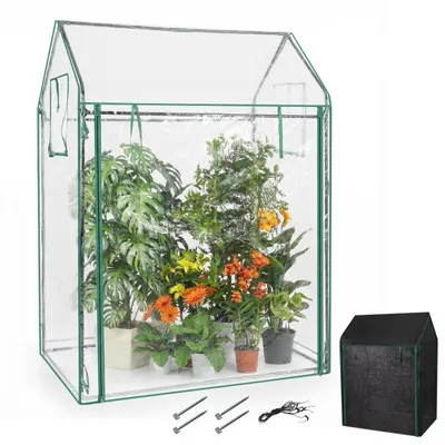 Obrázok produktu pre COSTWAY Malý skleník na paradajky 129 x 80 x 173 cm, prenosný fóliový skleník s čiernou slnečnou sieťou, PVC fóliou, dverami, oknami a kolíkmi do zeme