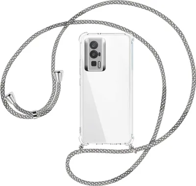 Produktbild von Handykette Backcover-Schutzhülle mit Band (Metall silberfarben) für Xiaomi Poco F5 Pro (6.67'') - weiß/grau kariert