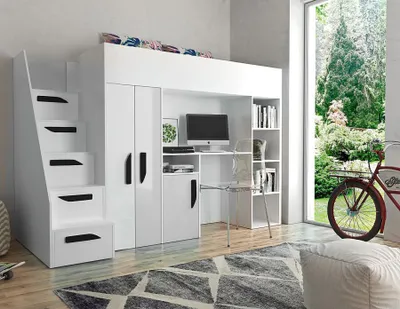 Produktbild von Etagenbett mit Schreibtisch Klára - weiß/schwarze Griffe