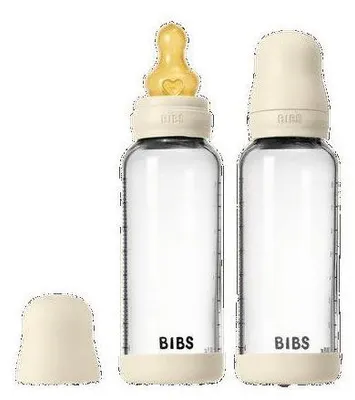 Image de Biberon bébé en verre BIBS, Embout rond en caoutchouc naturel, 240 ml, Débit moyen, Ivory, Pack de 2