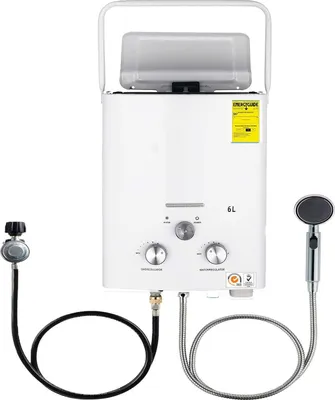 A white portable LPG water heater with a shower head and gas regulator.