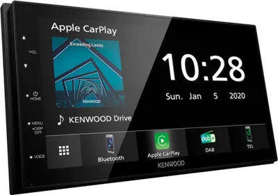 A close-up, angled view of a Kenwood car stereo system with a touchscreen display.