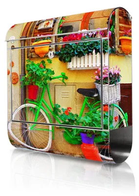 Produktbild von banjado Edelstahl Briefkasten mit Zeitungsfach mit Motiv Grünes Fahrrad großer Design Postkasten rostfrei, A4 Einwurf [BKGE2 11107]