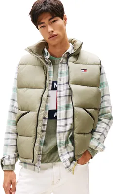 Image de Tommy Jeans, gilet matelassé pour homme, modèle TJM VAIL PUFFER VEST, référence DM0DM22069, couleur vert, taille L, couleur : Grün (Utility Sage)