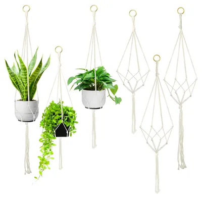 Produktbild von Makramee Pflanzenhänger Blumenampel - 6 Stück - 60/80/100 cm - Weiß - Für Innen und Außen