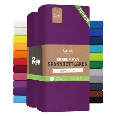 Zdjęcie produktu dla Zestaw 2 sztuk prześcieradeł elastycznych Lavea® o wymiarach 200x220 cm, wykonanych w 100% z bawełnianej dzianiny – przeznaczone do materacy o grubości do 10 cm – miękkie, w kolorze liliowym