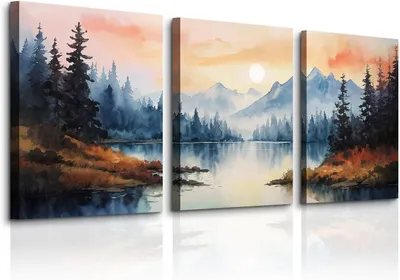 Image de Tableaux sur toile, ensemble de 3 pièces, paysage à l'aquarelle, décoration murale pour salon