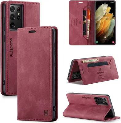Produktbild von Samsung Galaxy S21 Ultra 5G Brieftasche Hülle, Retro Kunstledertasche Stand Schutzhülle für Samsung Galaxy S21 Ultra 5G Rot