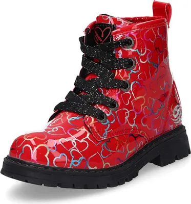 A single red boot with a heart pattern.
