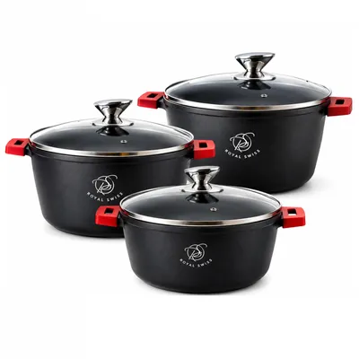 Produktbild von Pfannenset 6-teilig 28/32/36 cm – Induktionsgeeignet – Antihaft-Marmorbeschichtung – 3 Pfannen mit Glasdeckeln .Royal Swiss
