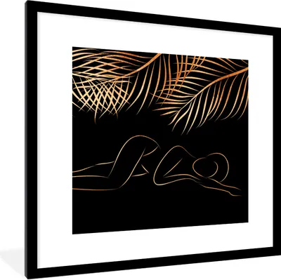 Produktbild von MuchoWow® Gerahmtes Poster Frau - Blätter - Linie bei - Schwarz und Gold 40x40 cm - Poster mit Schwarzem Bilderrahmen Wandposter Rahmen Foto Bilder - Poster - Plakat im Rahmen