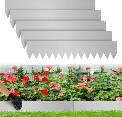 Produktbild von Faziango Rasenkante mit Spitzen Metall 100 x 20 cm 50m Beeteinfassung Mähkante Verzinkt Wegbegrenzung Beetumrandung Palisade inkl. Handschuhe Silber