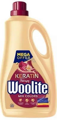 A bottle of Woolite laundry detergent with a "Mega Offer" label.