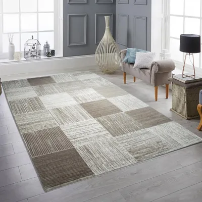 Image de Tapis moderne à poils courts et à carreaux Beige Crème Taille - 120 x 170 cm