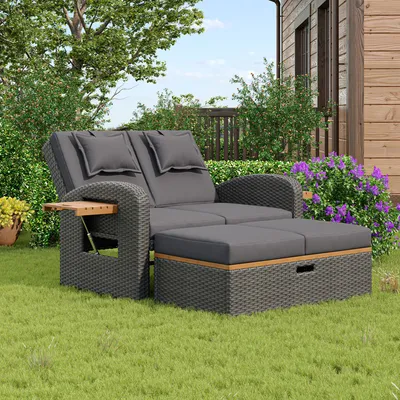 Produktbild von Sweiko Garten-Lounge-Sessel-Set für 2 Personen, graues Rattan, verstellbare Rückenlehne, Stützfuß, mit Fußhocker oder als Outdoor-Bett nutzbar, mit Rückenkissen und Sitzkissen