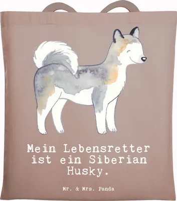 Produktbild von Mr. & Mrs. Panda Tote Bag Siberian Husky Lebensretter - Braun Pastell - Geschenk, Shopping Tasche, dokumententasche, Jutebeutel, Beutel