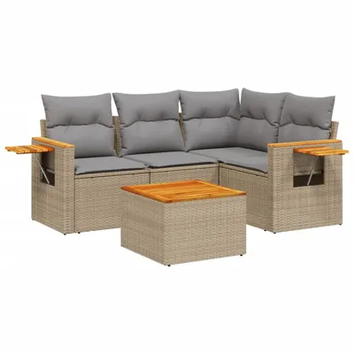Produktbild von 5-tlg. Garten-Sofagarnitur mit Kissen Beige Poly Rattan