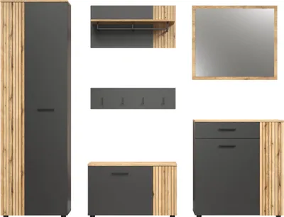 Produktbild von trendteam Garderobe 6-teilige Kombination Esteban, Anthrazit Melamin/ Evoke Oak Melamin, B/H/T ca. 250/195/36 cm