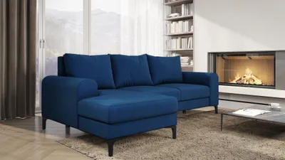Produktbild von Easy4You Ecksofa Instra L-Form Marineblau – 245x94x1145 cm - Schlafsofa mit Bettkasten und Schlaffunktion - Eckcouch mit Stauraum, Metallfüße und Kissen – Links – Stoff Manila 26
