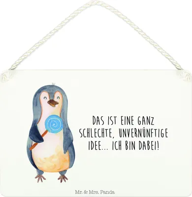 Produktbild von Mr. & Mrs. Panda Schild Pinguin Lolli DIN A4 - Weiß - Geschenk, wandtafel, hängeschild, Pinguine, Süßigkeiten, Unvernünftig, holzbild, Spruch, Wandbild Holz, Türschild