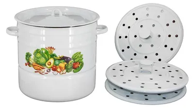 A white enamel pot with a vegetable illustration on the side, and two white perforated steamer inserts are shown.