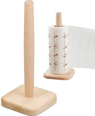 Produktbild von Unyqoos® Küchenrollenhalter aus Buchenholz – verschraubt & rutschfest, matte Oberfläche, Stange 29 cm, Ø 2,4/3 cm, für Küchenpapierrollen