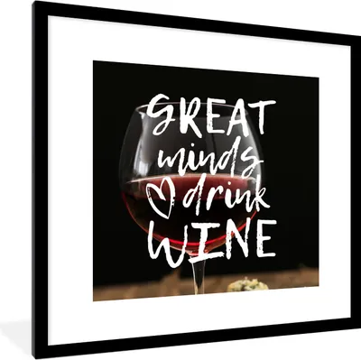 Produktbild von MuchoWow® MuchoWow® Gerahmtes Poster Weinzitat "Große Geister trinken Wein" mit einem Weinglas im Hintergrund 40x40 cm - Poster mit zchwarzem Bilderrahmen - Poster - Plakat im Rahmen