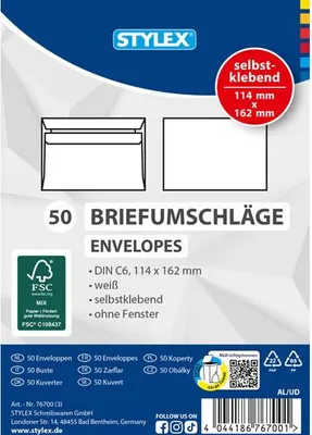 Produktbild von Stylex Briefumschläge C6 selbstklebend 50St. 76700