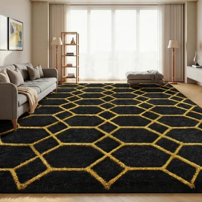 Produktbild von Hochflor Teppich Schwarz 200x300 cm Waschbar Rutschfest Wohnzimmer