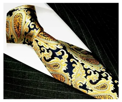 Produktbild von Krawatte aus 100% Seide - Gelb Gold Blau Paisley