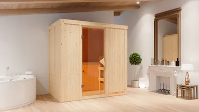 Produktbild von Karibu Sauna Innensauna Variado Fronteinstieg Ofen 9 KW externe Strg easy 196x118x198 cm ohne Dachkranz mit Bronzierte Tür