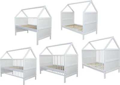 A collage of five images showing a white wooden baby bed with a house-shaped frame from different angles.