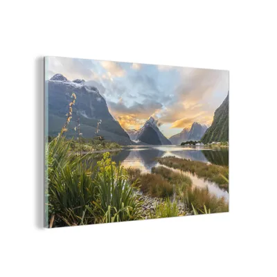 Obrázek produktu pro MuchoWow® Obrazy na skle - Nástěnné obrazy - Fotografie na skle Nový Zéland - Hory - Voda 60x40cm Nástěnná dekorace ze skla - akrylová malba na sklo - akrylové