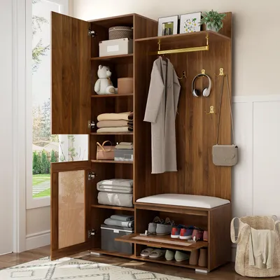 Produktbild von MODFU Garderobenschrank Wandgarderobe mit 6 goldenen Kleiderhaken,Kleiderschrank mit 16-farbiger LED-Beleuchtung und Sitzbank,Nussbaum