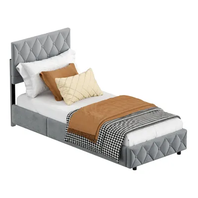 Produktbild von Polsterbett 90x200 mit hydraulischem Stauraum Jugendbett Einzelbett mit Kopfteil in Knopfnahtverzierung mit Lattenrost Hellgrau(Ohne Matratze)