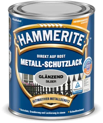 Produktbild von Hammerite Metall-Schutzlack Glänzend, Fertig gemischt, Zaun, Möbel, Treppe, Fenster, Metall, Glänzende Oberfläche, Silber, 10 m²/L, Silber