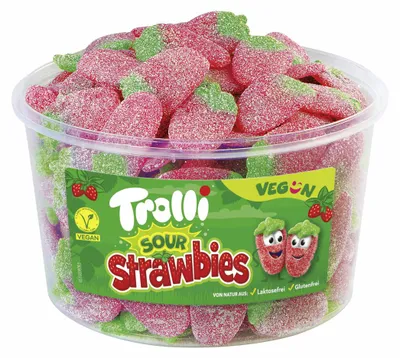 Zdjęcie produktu dla Trolli Sour Strawbies 150 sztuk, wegańskie, o smaku owocowo-kwaśnym, opakowanie 1320 g