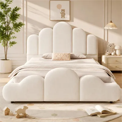Immagine prodotto di Letto imbottito 140 x 200 cm, Scivolo, Testiera imbottita, Rete a doghe, Velluto, Colore beige