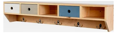 Produktbild von Große Wandgarderobe aus Holz mit Schubladen - Garderobenleiste mit Aufbewahrungsregal - Hängeregal mit Kleiderhaken für die Wand - 95 x 18 x 20 cm - Dreifarbig