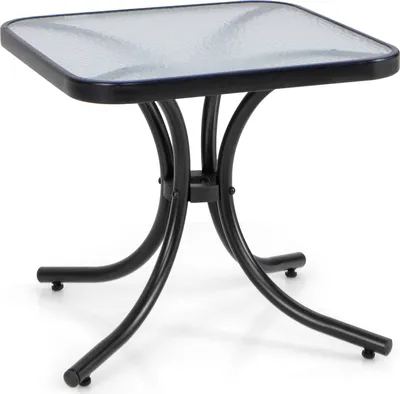 A small square glass-top table with a black metal base.