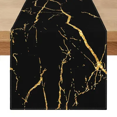 Immagine prodotto di Runner da tavolo, 240x40 cm, lavabile, in lino, nero e oro, con texture astratta